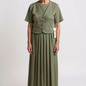 K Studio Dress Set Womens 8 Green Vintage Vest Maxi Dress  NWT USA Cottagecore
